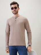 Men's Solid Henley Neck Regular Fit Full Sleeve T-Shirt with Logo