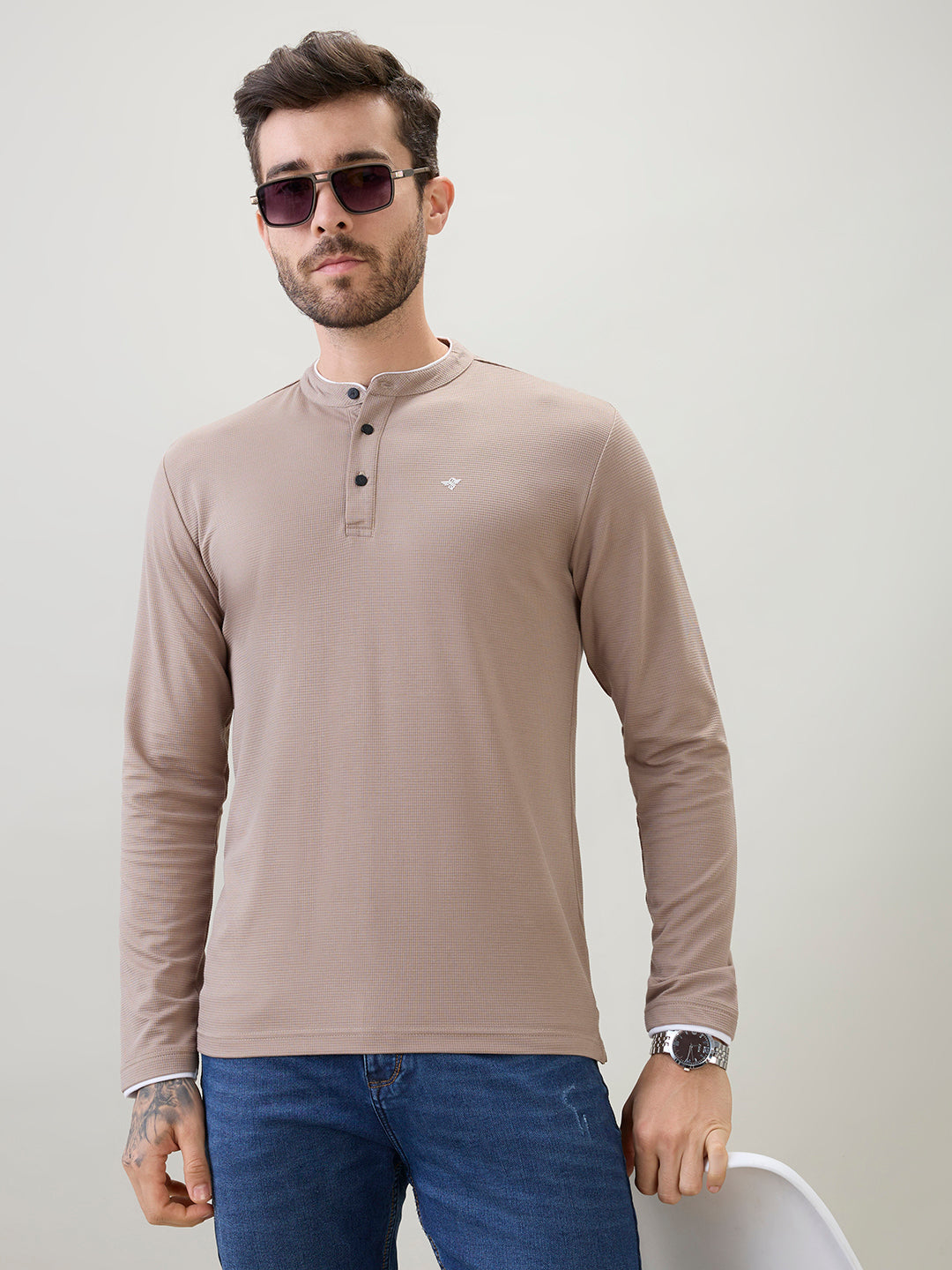 Men's Solid Henley Neck Regular Fit Full Sleeve T-Shirt with Logo