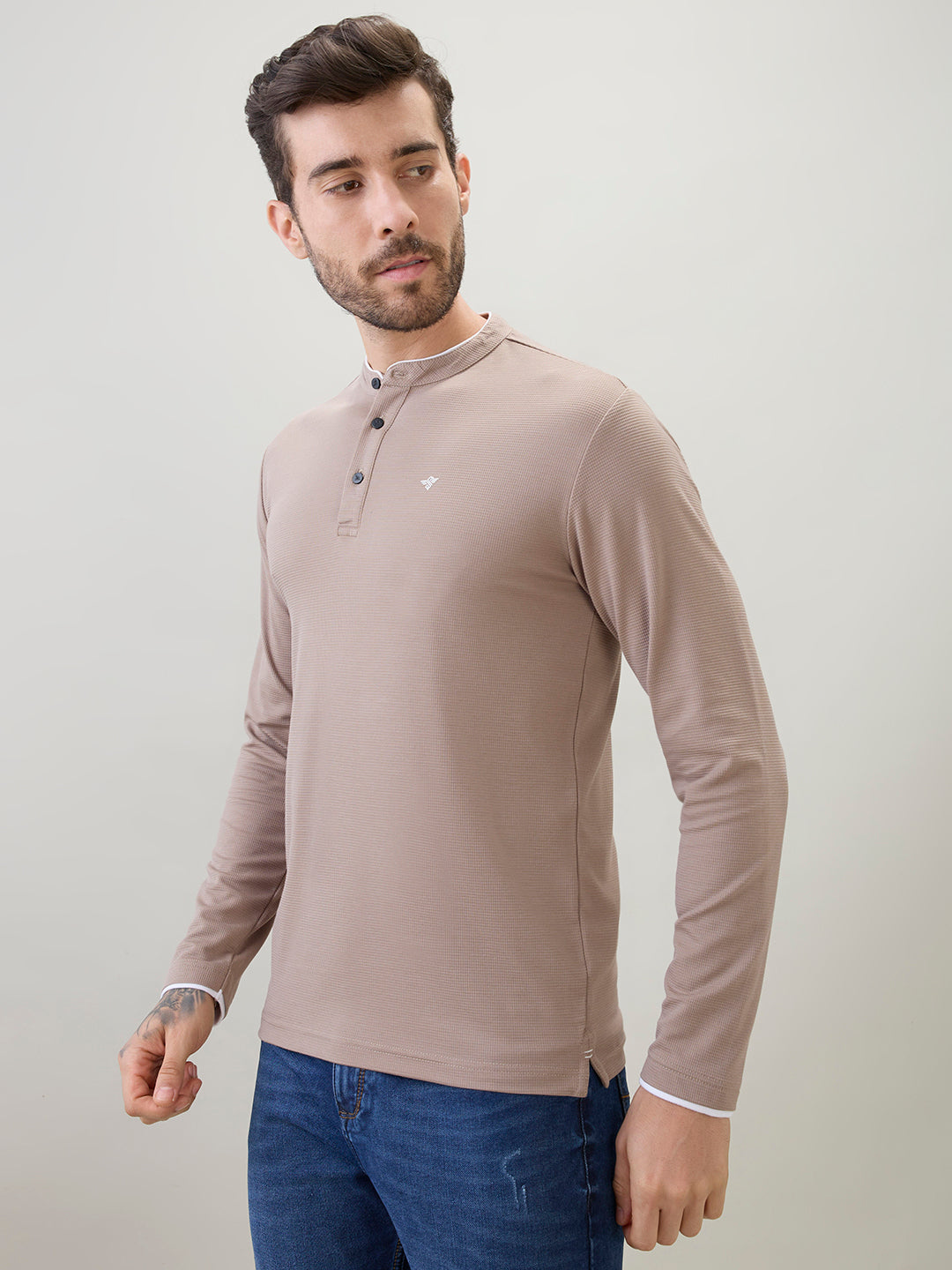 Men's Solid Henley Neck Regular Fit Full Sleeve T-Shirt with Logo