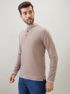 Men's Solid Henley Neck Regular Fit Full Sleeve T-Shirt with Logo