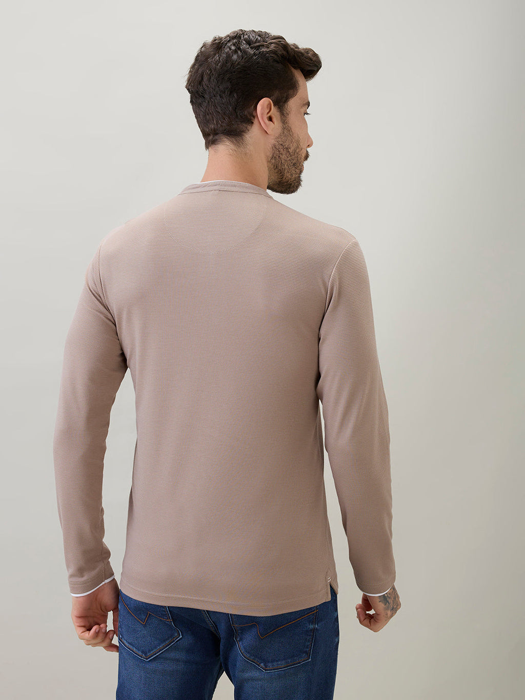 Men's Solid Henley Neck Regular Fit Full Sleeve T-Shirt with Logo
