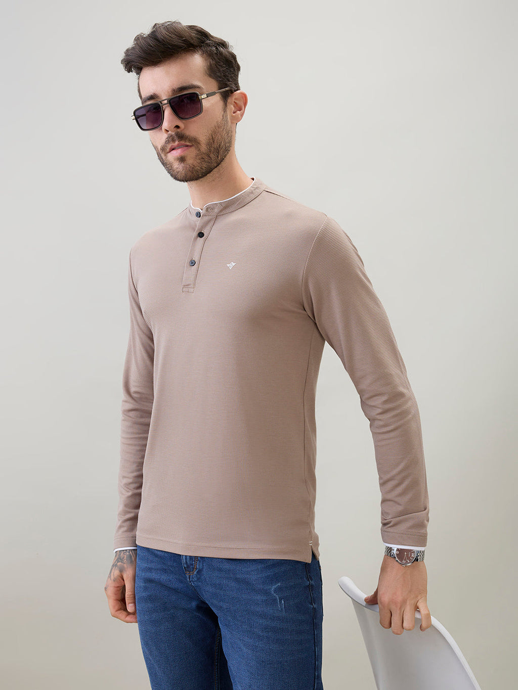 Men's Solid Henley Neck Regular Fit Full Sleeve T-Shirt with Logo