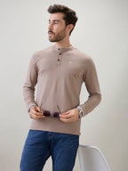 Men's Solid Henley Neck Regular Fit Full Sleeve T-Shirt with Logo