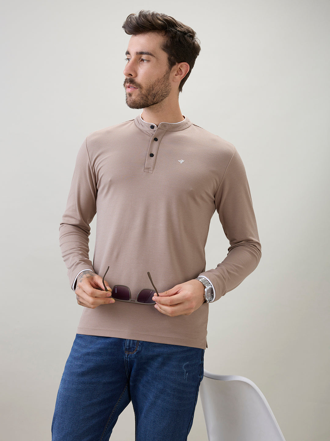Men's Solid Henley Neck Regular Fit Full Sleeve T-Shirt with Logo