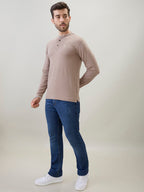 Men's Solid Henley Neck Regular Fit Full Sleeve T-Shirt with Logo