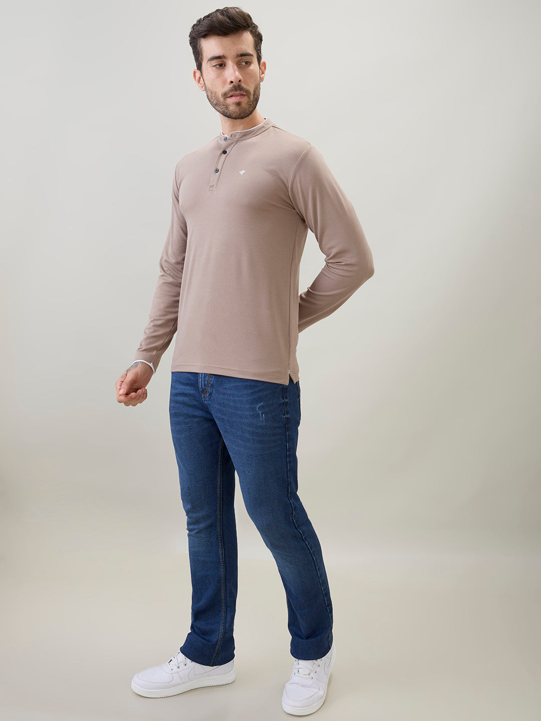 Men's Solid Henley Neck Regular Fit Full Sleeve T-Shirt with Logo