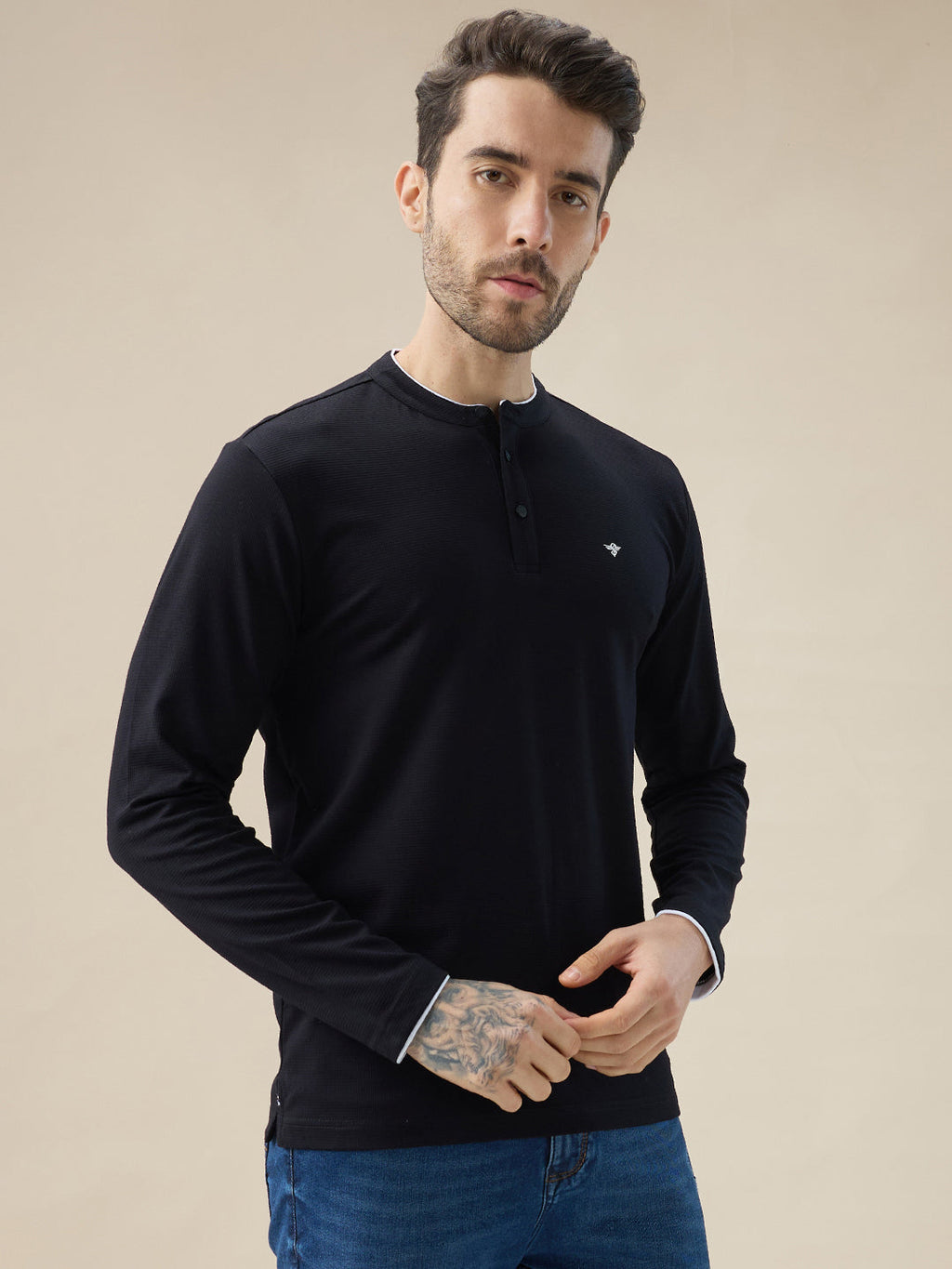 Men's Brand Logo Solid Henley Neck Regular Fit Full Sleeve T-Shirt with Button Closure