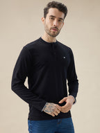 Men's Brand Logo Solid Henley Neck Regular Fit Full Sleeve T-Shirt with Button Closure