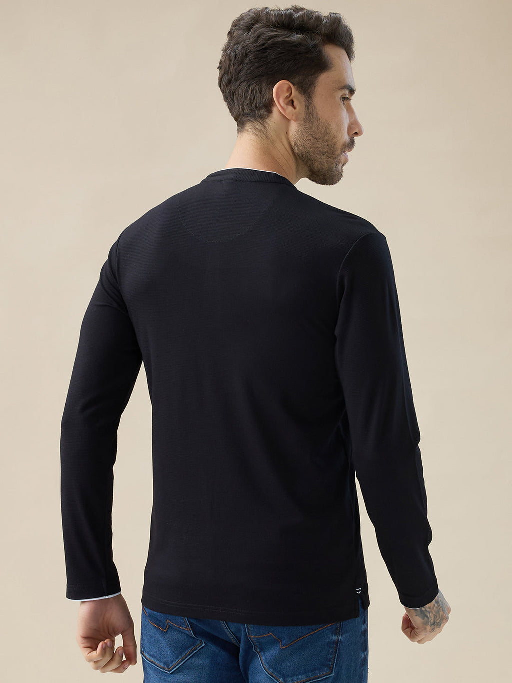Men's Brand Logo Solid Henley Neck Regular Fit Full Sleeve T-Shirt with Button Closure