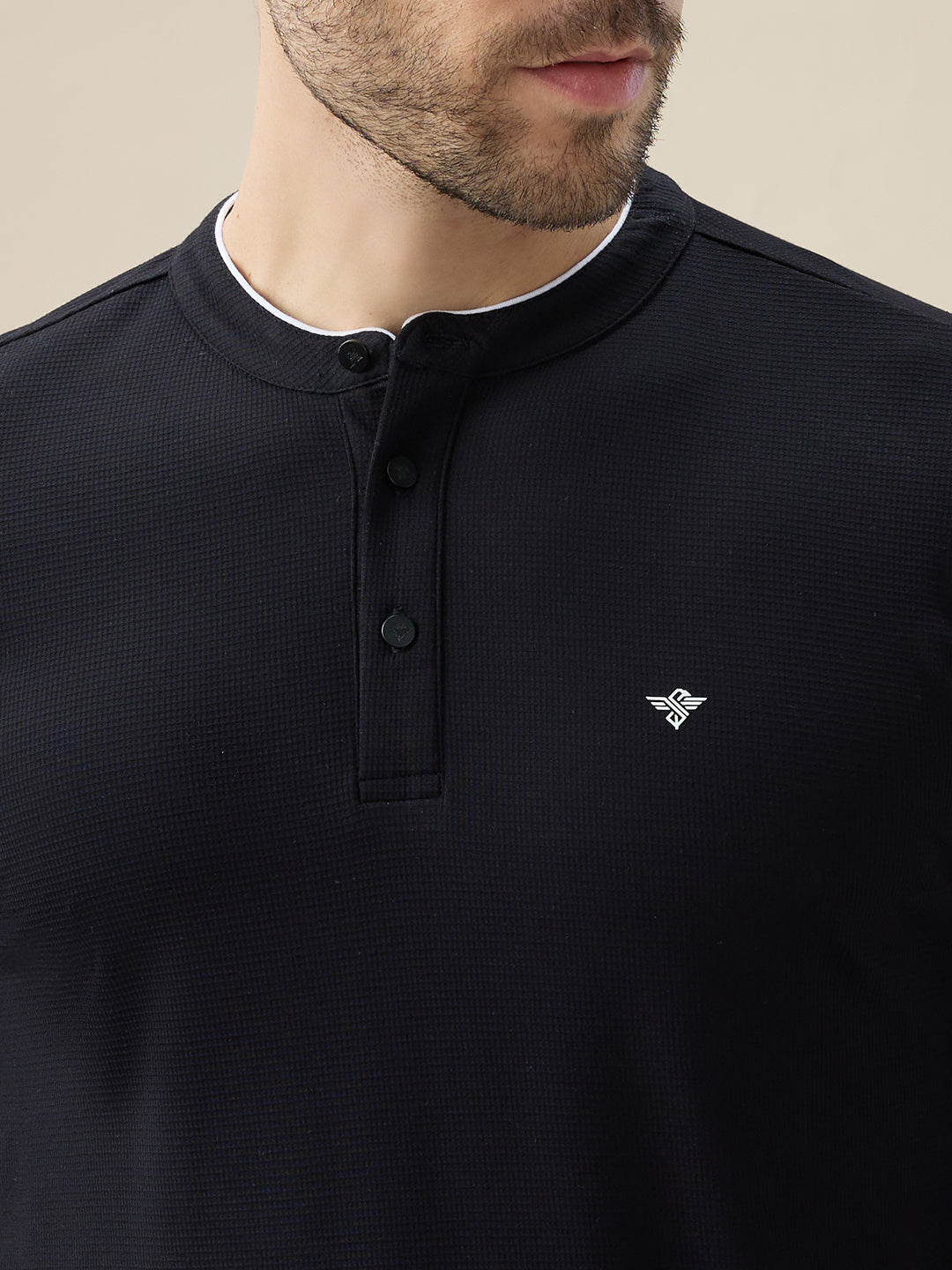 Men's Brand Logo Solid Henley Neck Regular Fit Full Sleeve T-Shirt with Button Closure