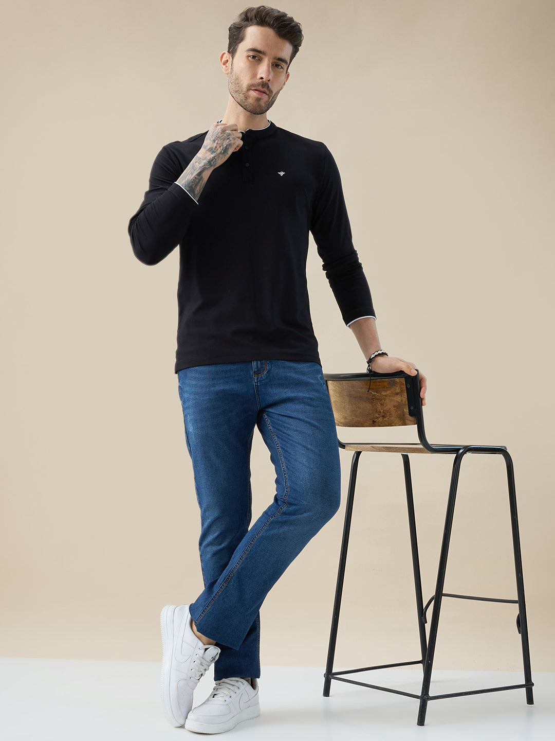 Men's Brand Logo Solid Henley Neck Regular Fit Full Sleeve T-Shirt with Button Closure