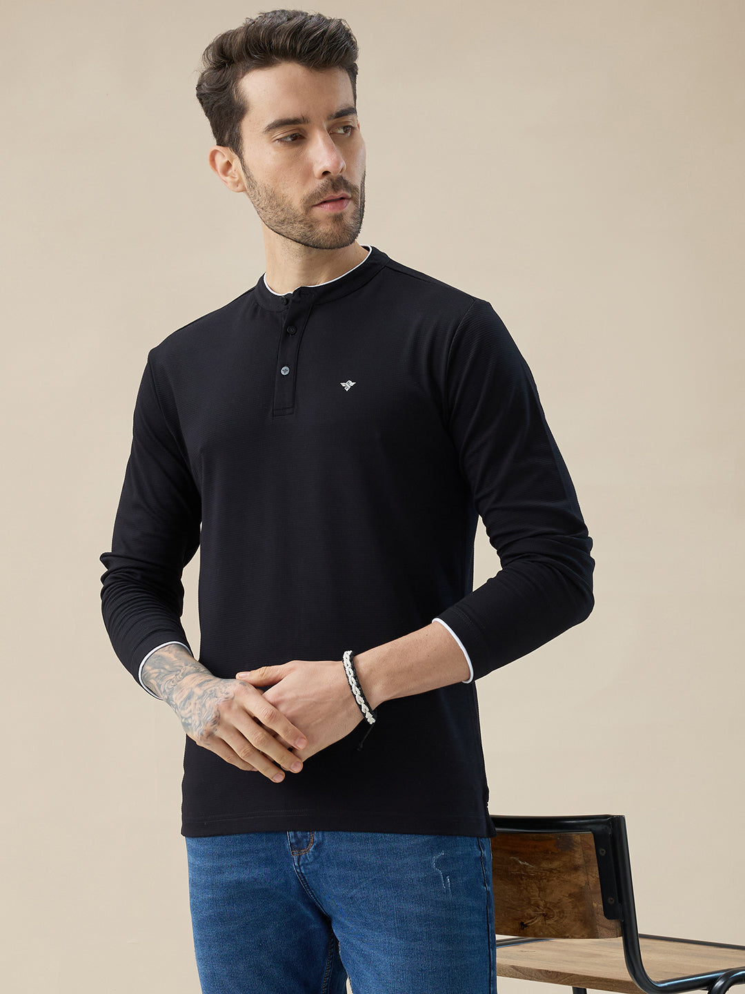 Men's Brand Logo Solid Henley Neck Regular Fit Full Sleeve T-Shirt with Button Closure