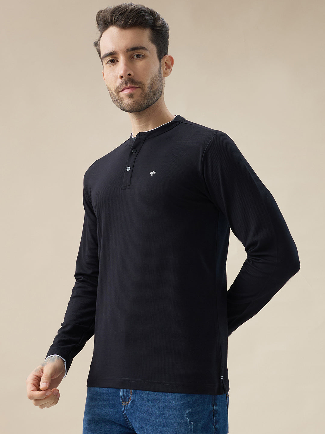 Men's Brand Logo Solid Henley Neck Regular Fit Full Sleeve T-Shirt with Button Closure Secondary image