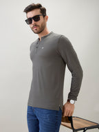 Men's Solid Henley Neck Regular Fit Full Sleeve T-Shirt with Logo