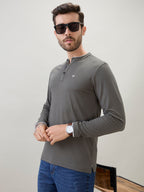Men's Solid Henley Neck Regular Fit Full Sleeve T-Shirt with Logo