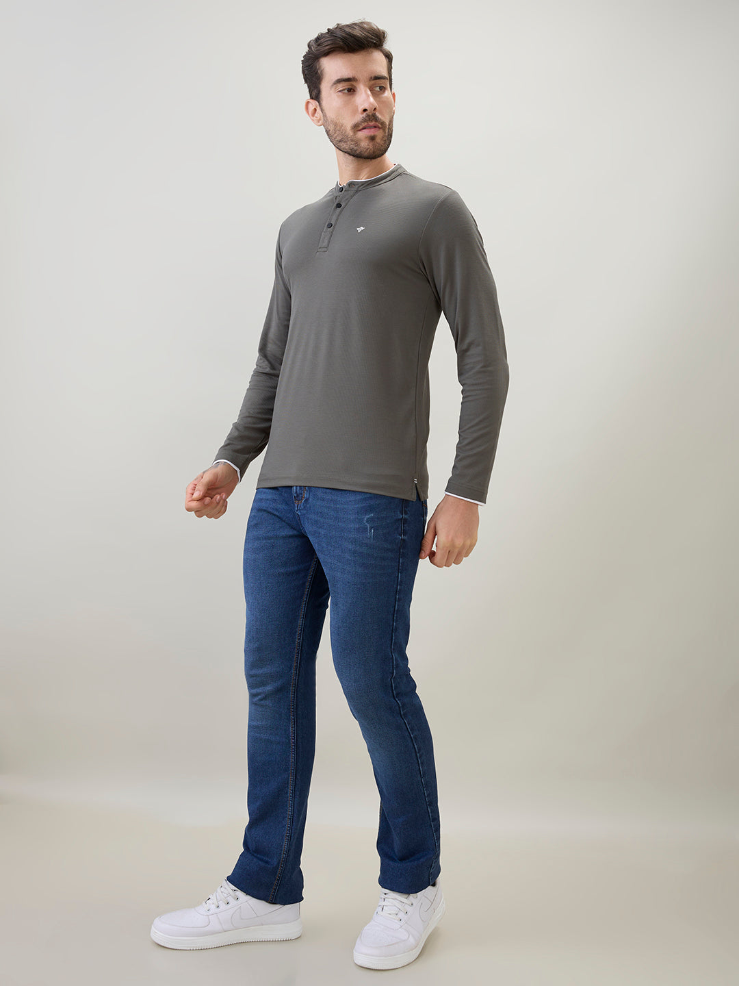 Men's Solid Henley Neck Regular Fit Full Sleeve T-Shirt with Logo
