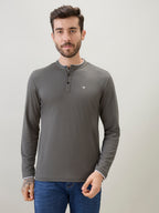 Men's Solid Henley Neck Regular Fit Full Sleeve T-Shirt with Logo