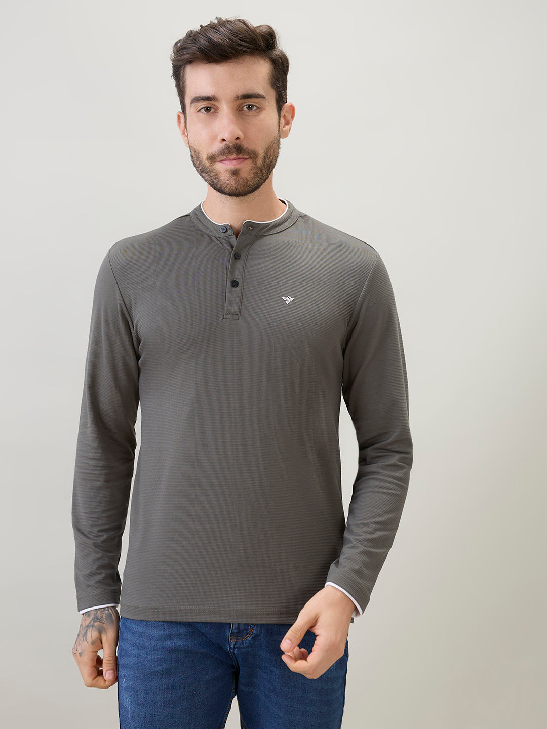 Men's Solid Henley Neck Regular Fit Full Sleeve T-Shirt with Logo