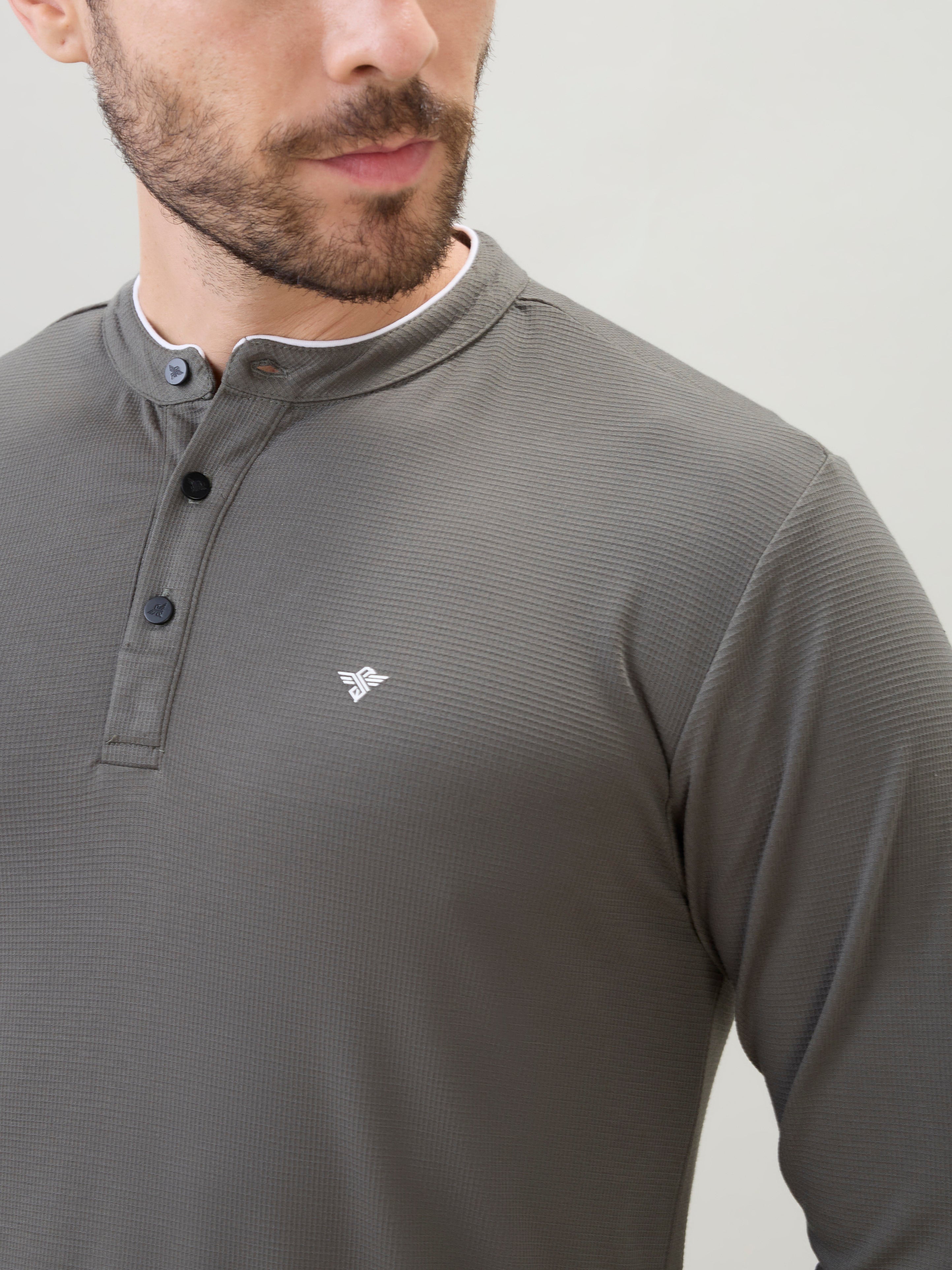 Men's Solid Henley Neck Regular Fit Full Sleeve T-Shirt with Logo