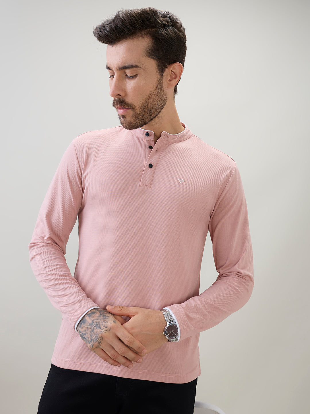 Men's Solid Henley Neck Regular Fit Full Sleeve T-Shirt with Logo