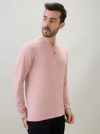 Men's Solid Henley Neck Regular Fit Full Sleeve T-Shirt with Logo