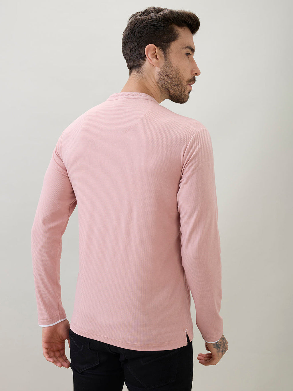 Men's Solid Henley Neck Regular Fit Full Sleeve T-Shirt with Logo