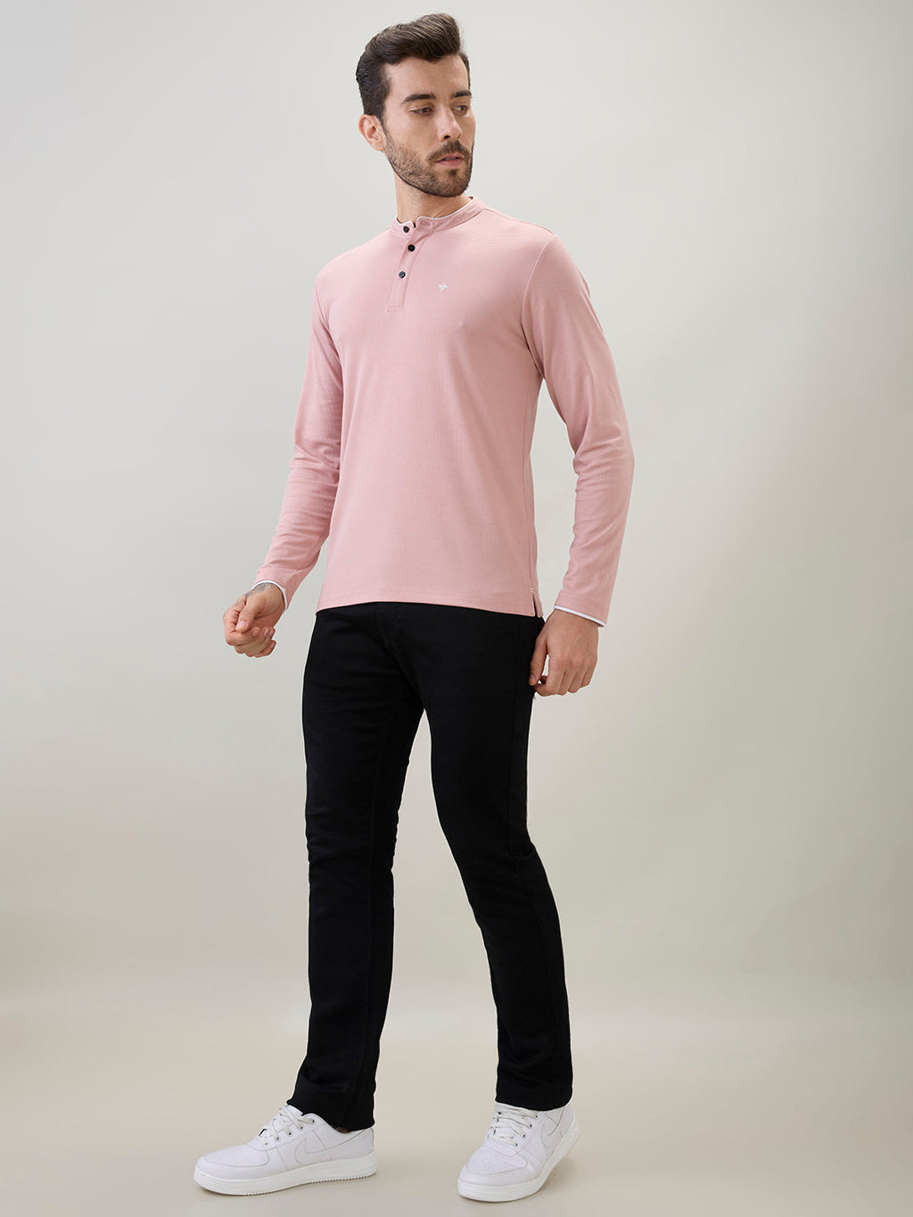 Men's Solid Henley Neck Regular Fit Full Sleeve T-Shirt with Logo