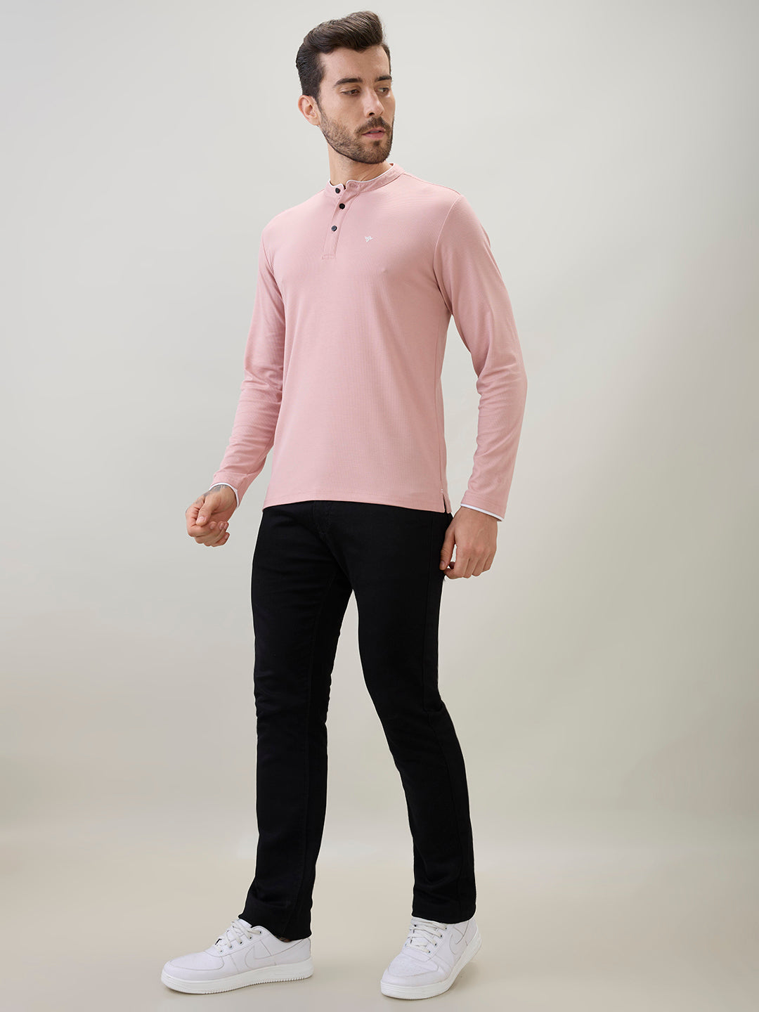 Men's Solid Henley Neck Regular Fit Full Sleeve T-Shirt with Logo
