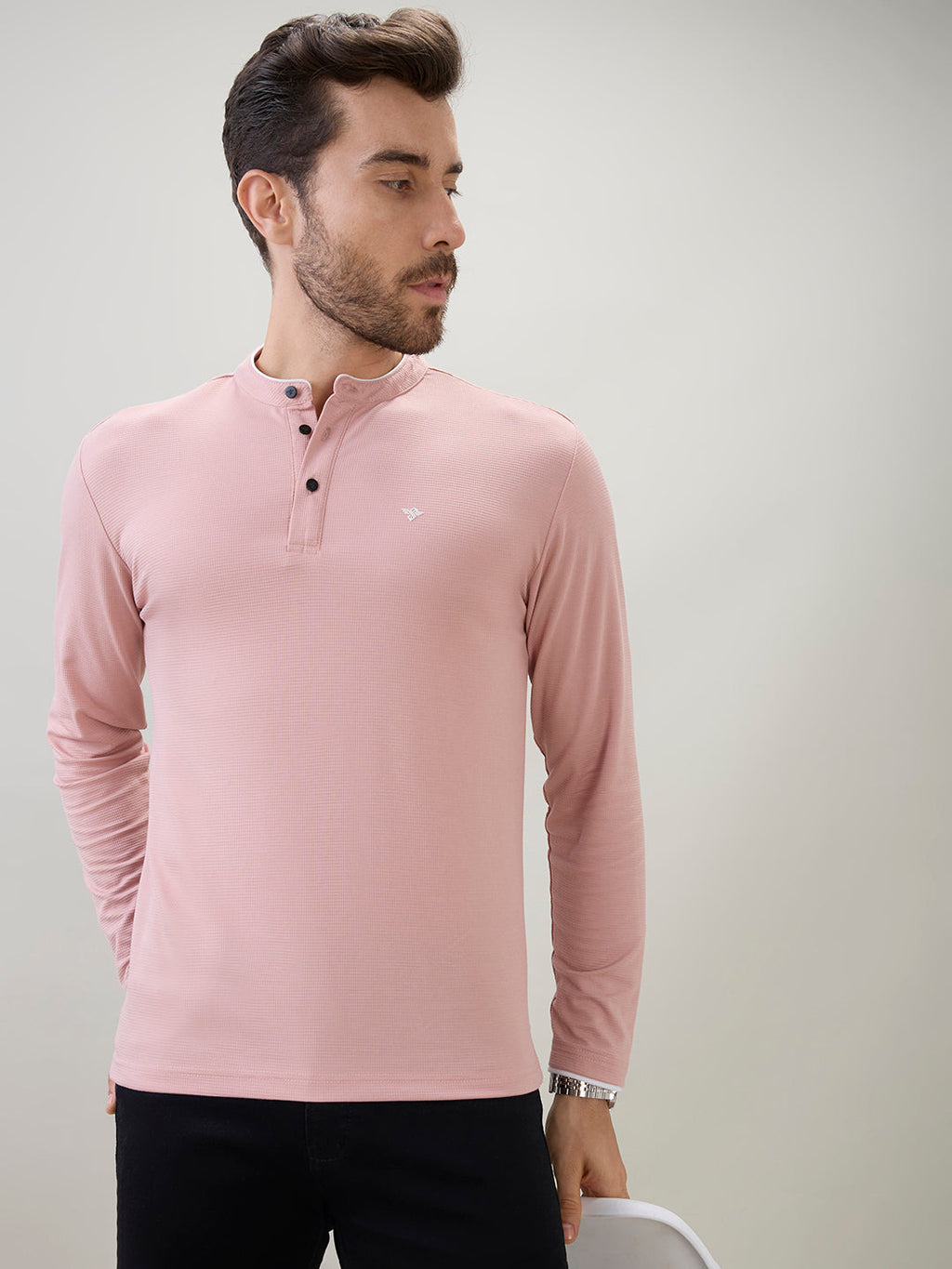 Men's Solid Henley Neck Regular Fit Full Sleeve T-Shirt with Logo