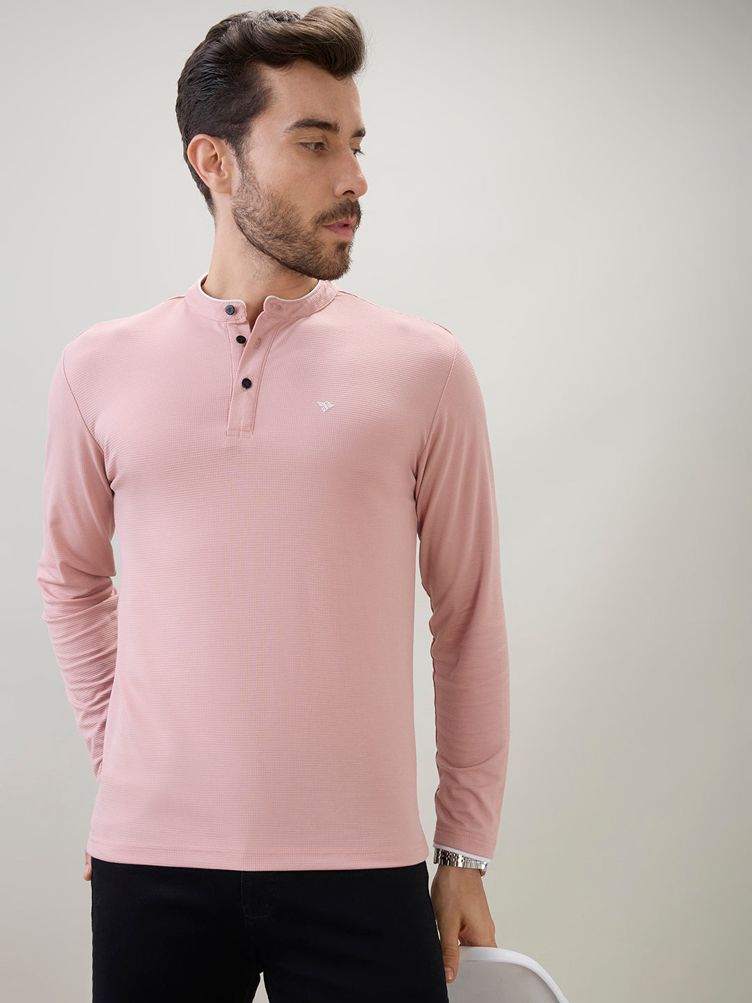 Men's Solid Henley Neck Regular Fit Full Sleeve T-Shirt with Logo