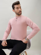 Men's Solid Henley Neck Regular Fit Full Sleeve T-Shirt with Logo