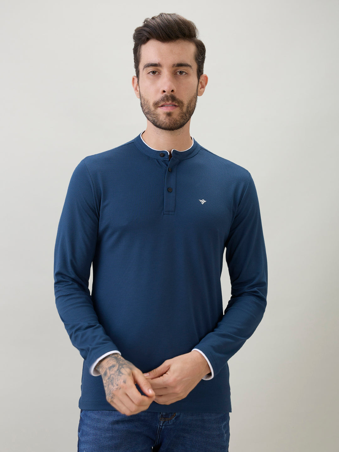 Men's Solid Henley Neck Regular Fit Full Sleeve T-Shirt with Logo