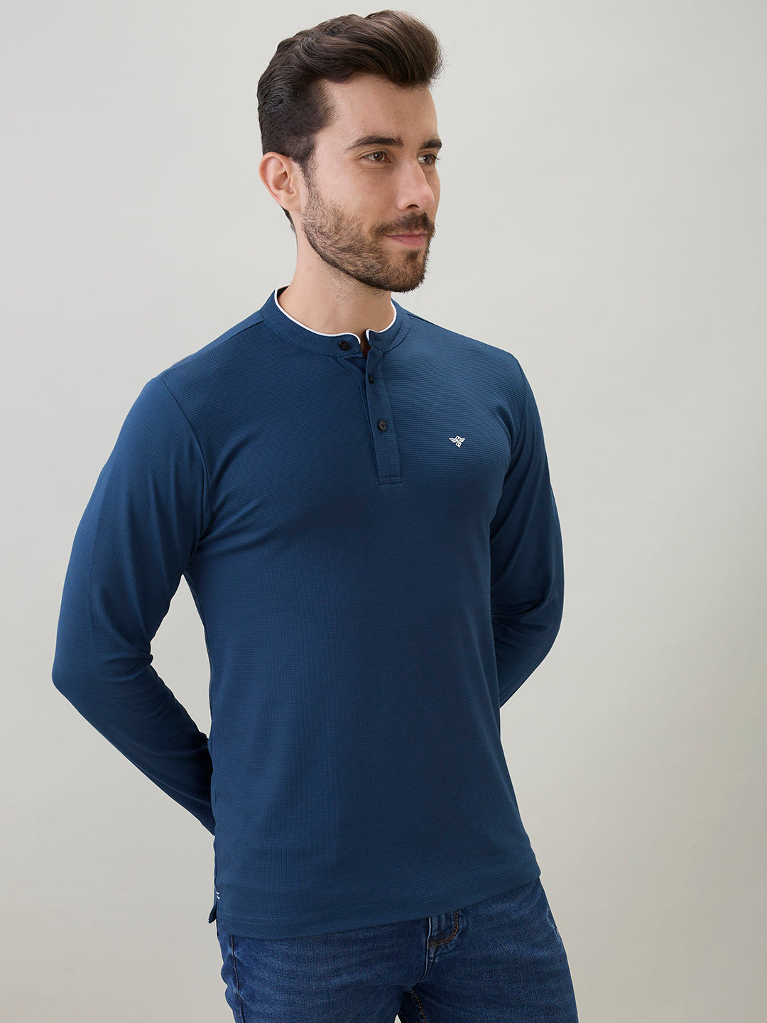 Men's Solid Henley Neck Regular Fit Full Sleeve T-Shirt with Logo Secondary image