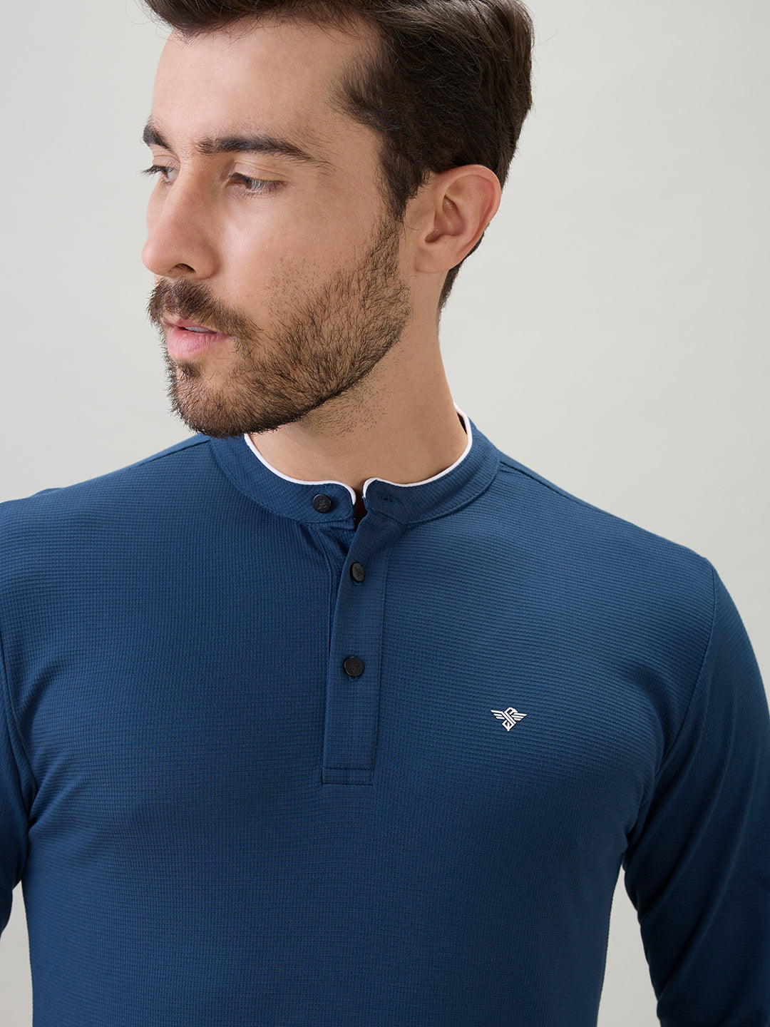 Men's Solid Henley Neck Regular Fit Full Sleeve T-Shirt with Logo