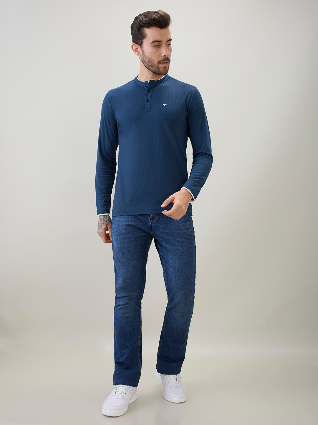 Men's Solid Henley Neck Regular Fit Full Sleeve T-Shirt with Logo