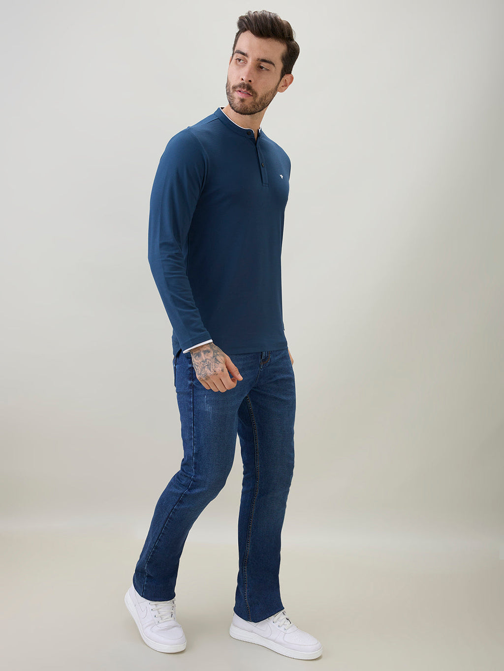 Men's Solid Henley Neck Regular Fit Full Sleeve T-Shirt with Logo