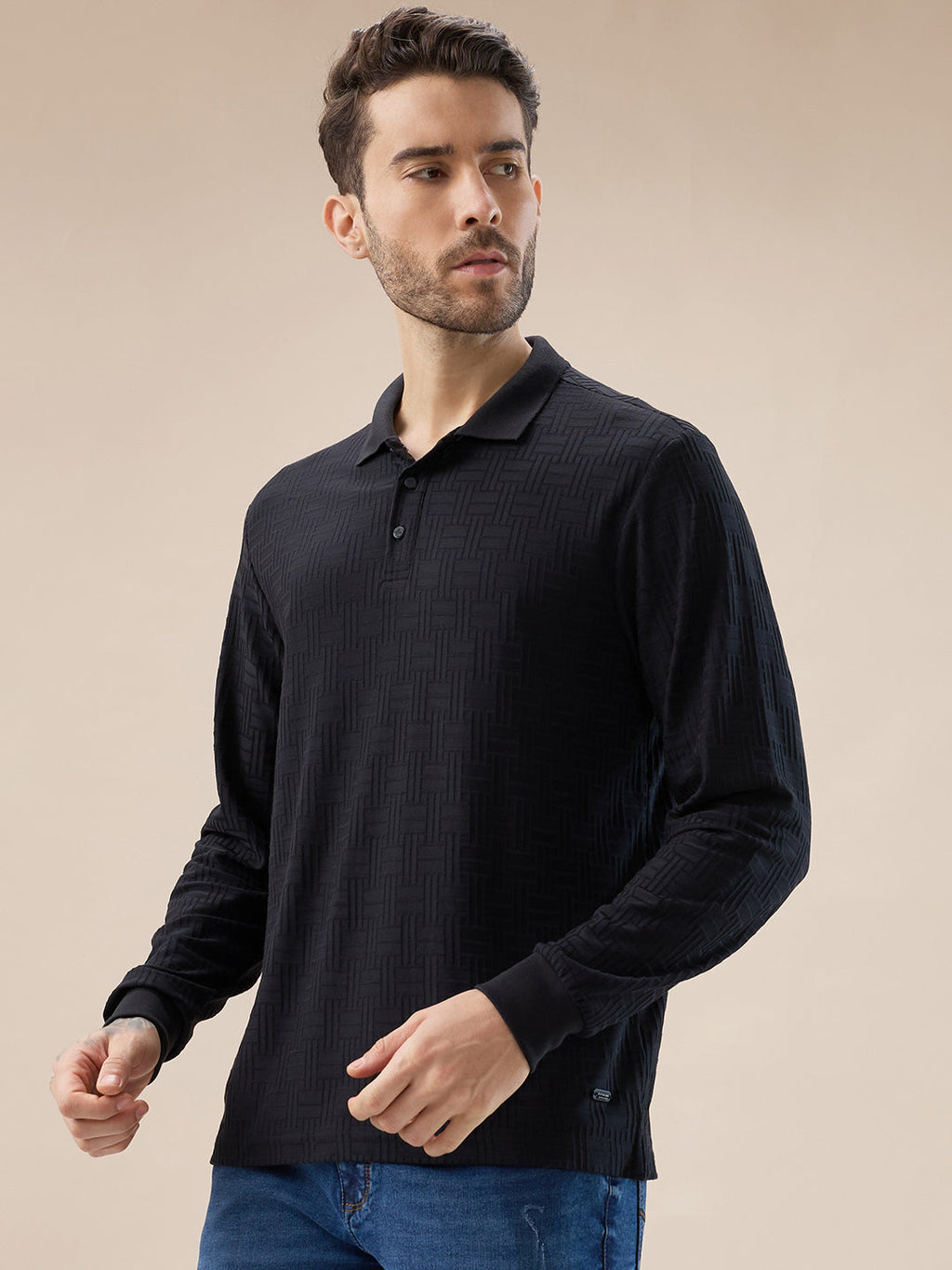 Men's Solid Geometric Textured Full Sleeves Regular Fit Polo T-shirt