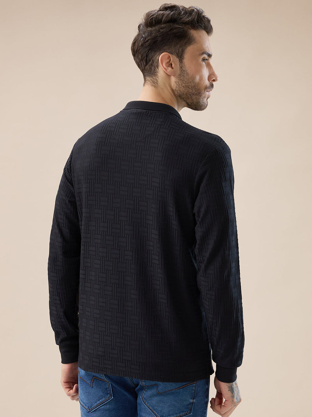 Men's Solid Geometric Textured Full Sleeves Regular Fit Polo T-shirt