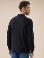 Men's Solid Geometric Textured Full Sleeves Regular Fit Polo T-shirt