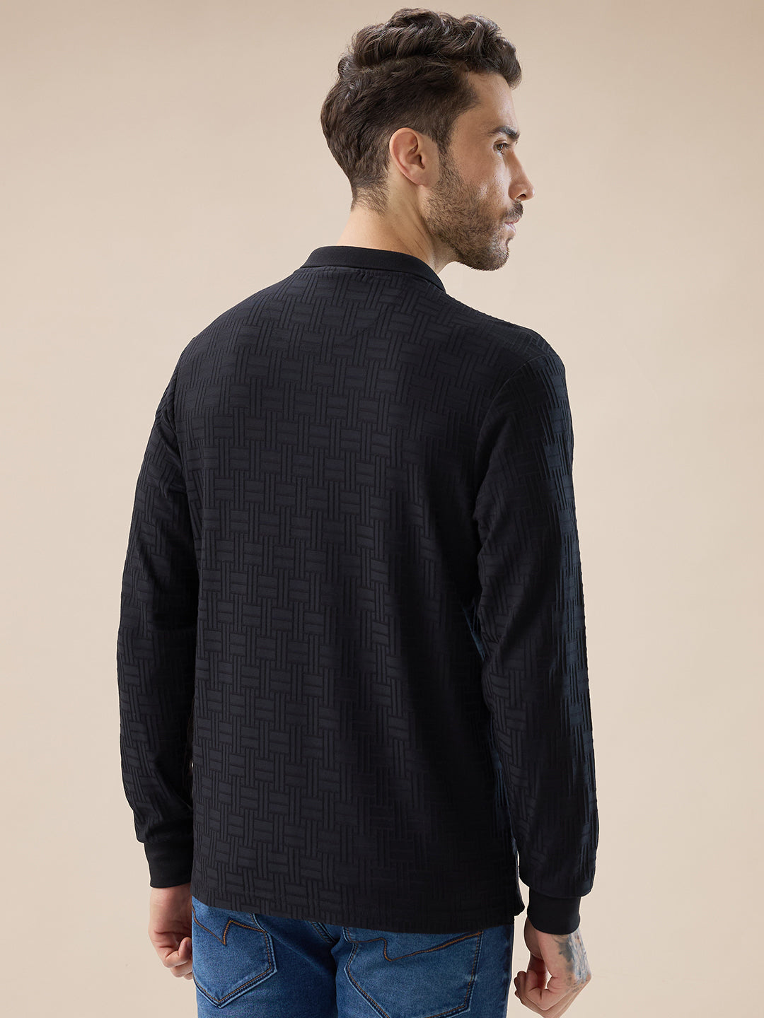 Men's Solid Geometric Textured Full Sleeves Regular Fit Polo T-shirt