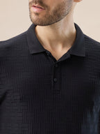 Men's Solid Geometric Textured Full Sleeves Regular Fit Polo T-shirt