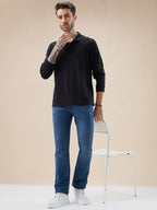 Men's Solid Geometric Textured Full Sleeves Regular Fit Polo T-shirt