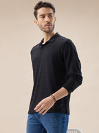 Men's Solid Geometric Textured Full Sleeves Regular Fit Polo T-shirt