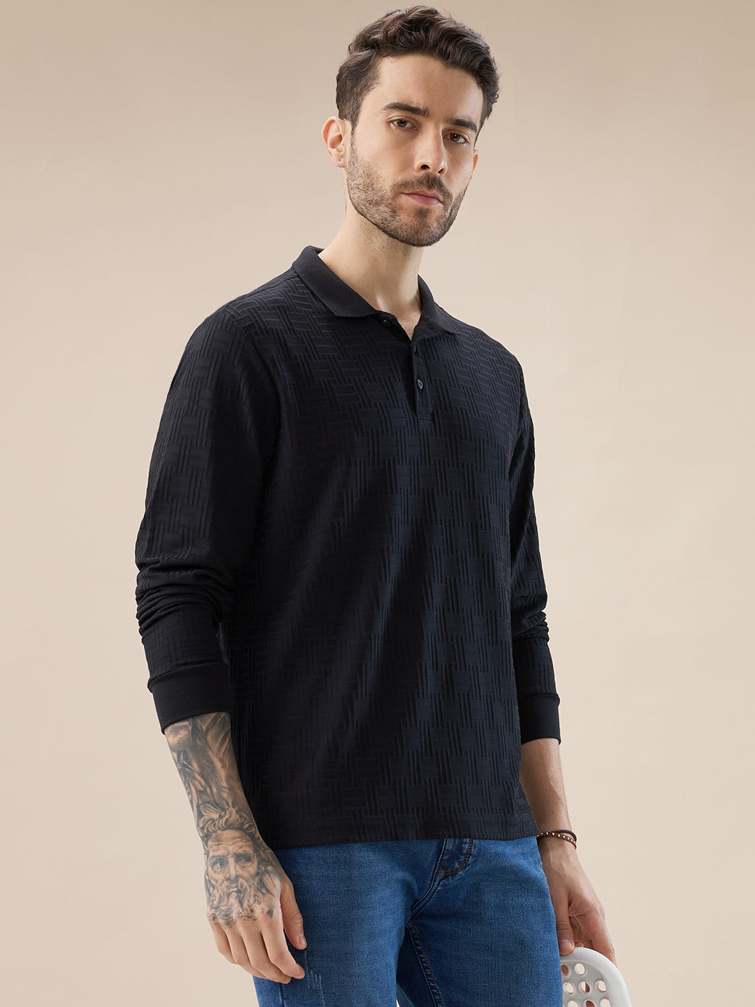 Men's Solid Geometric Textured Full Sleeves Regular Fit Polo T-shirt