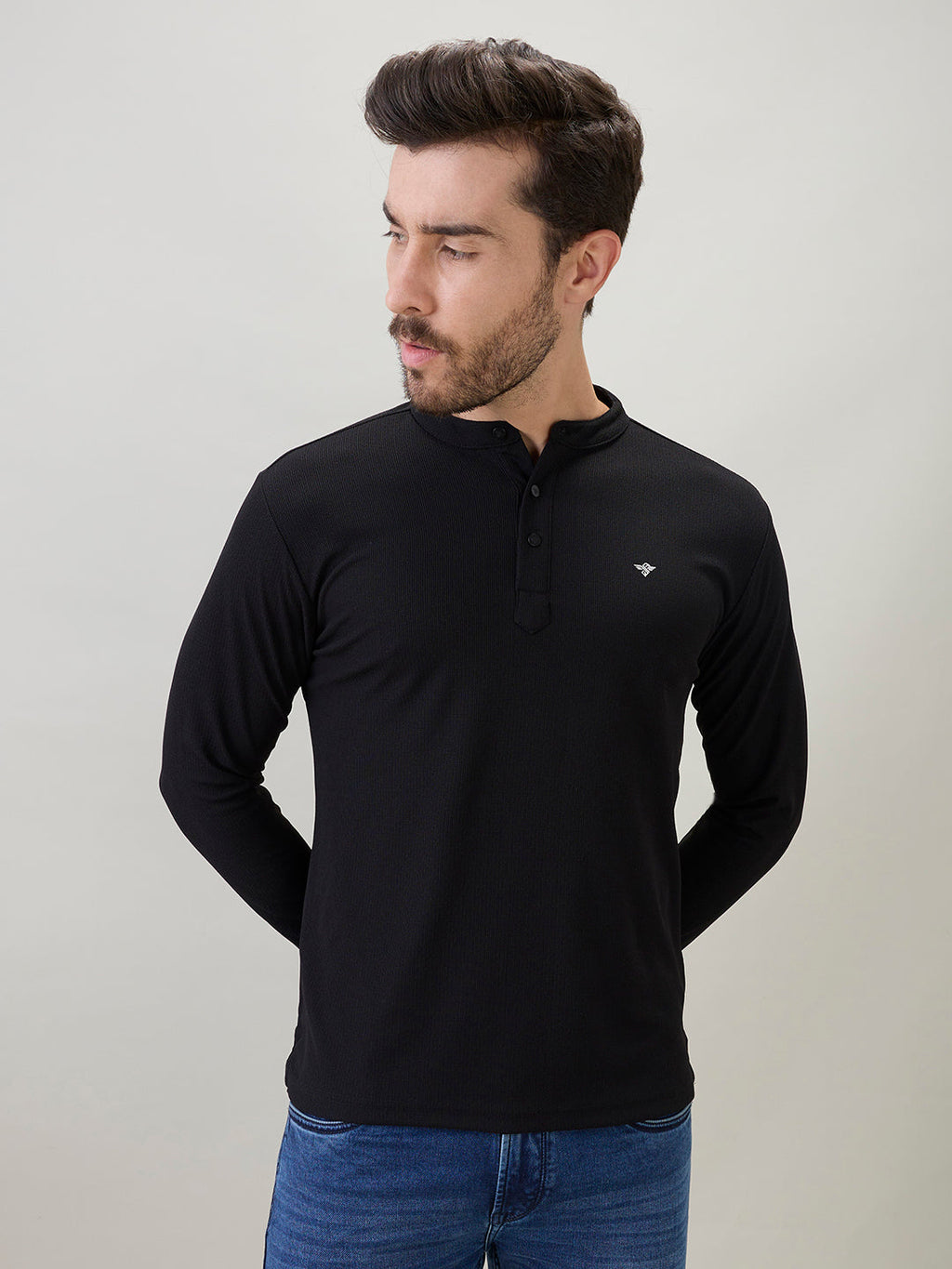 Mens Solid Henley Neck Regular Fit Full Sleeve T-Shirt with Logo and Button Closure