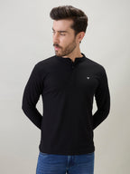Mens Solid Henley Neck Regular Fit Full Sleeve T-Shirt with Logo and Button Closure