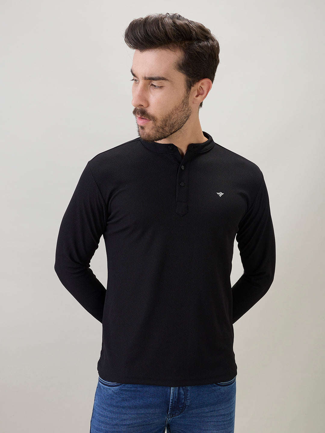Mens Solid Henley Neck Regular Fit Full Sleeve T-Shirt with Logo and Button Closure