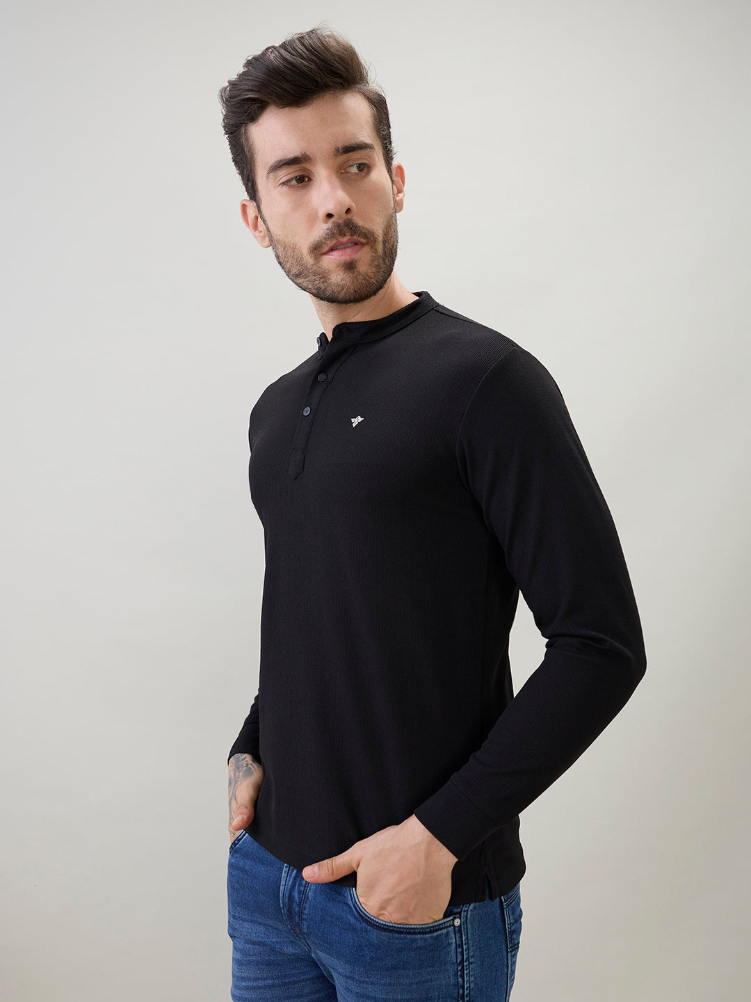 Mens Solid Henley Neck Regular Fit Full Sleeve T-Shirt with Logo and Button Closure Secondary image