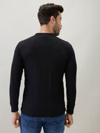 Mens Solid Henley Neck Regular Fit Full Sleeve T-Shirt with Logo and Button Closure