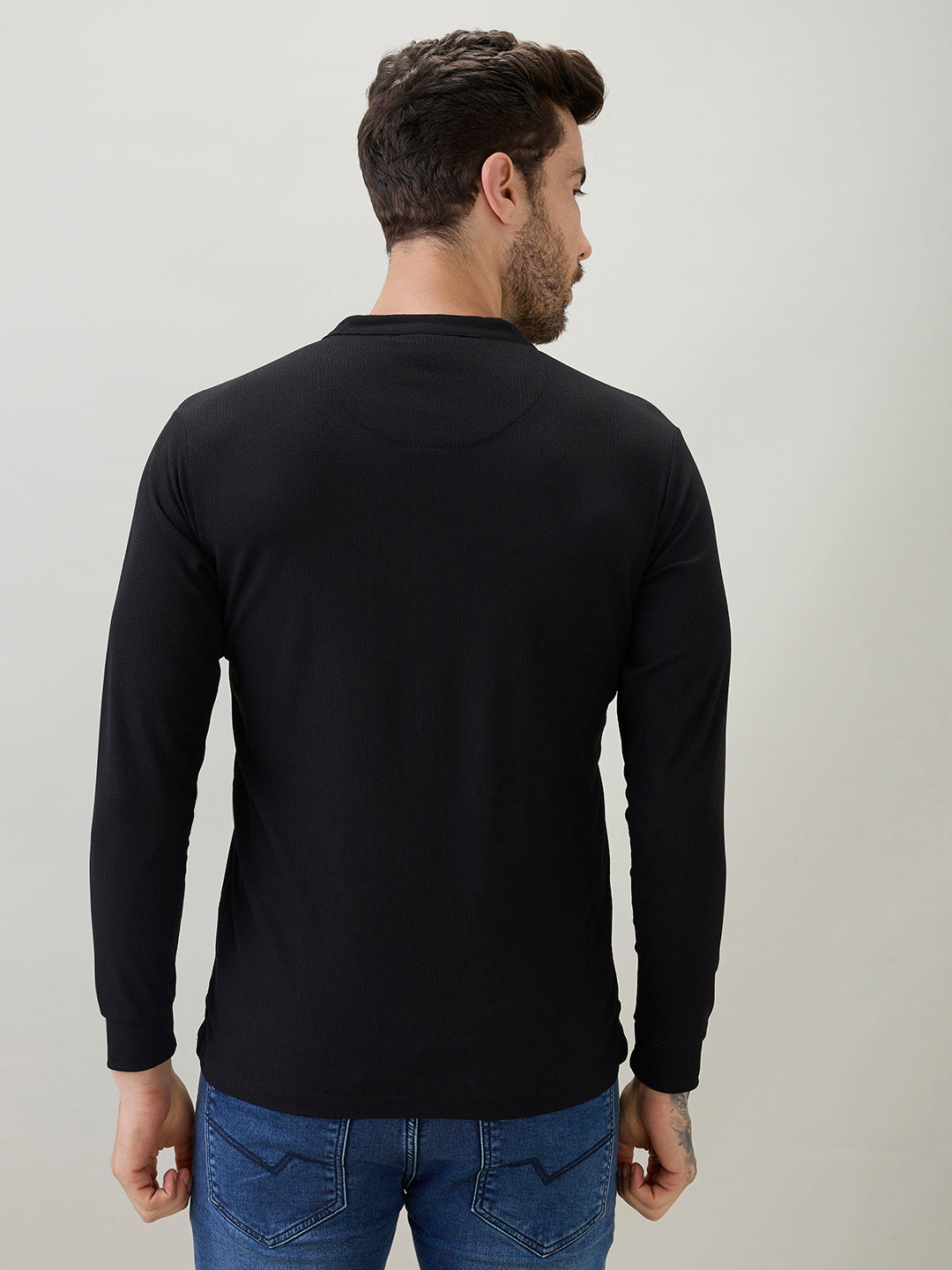 Mens Solid Henley Neck Regular Fit Full Sleeve T-Shirt with Logo and Button Closure